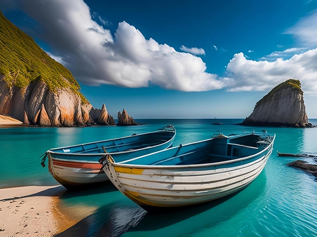 pescaria barcos em a de praia às pôr do sol. colorida verão seascape. ai generativo foto