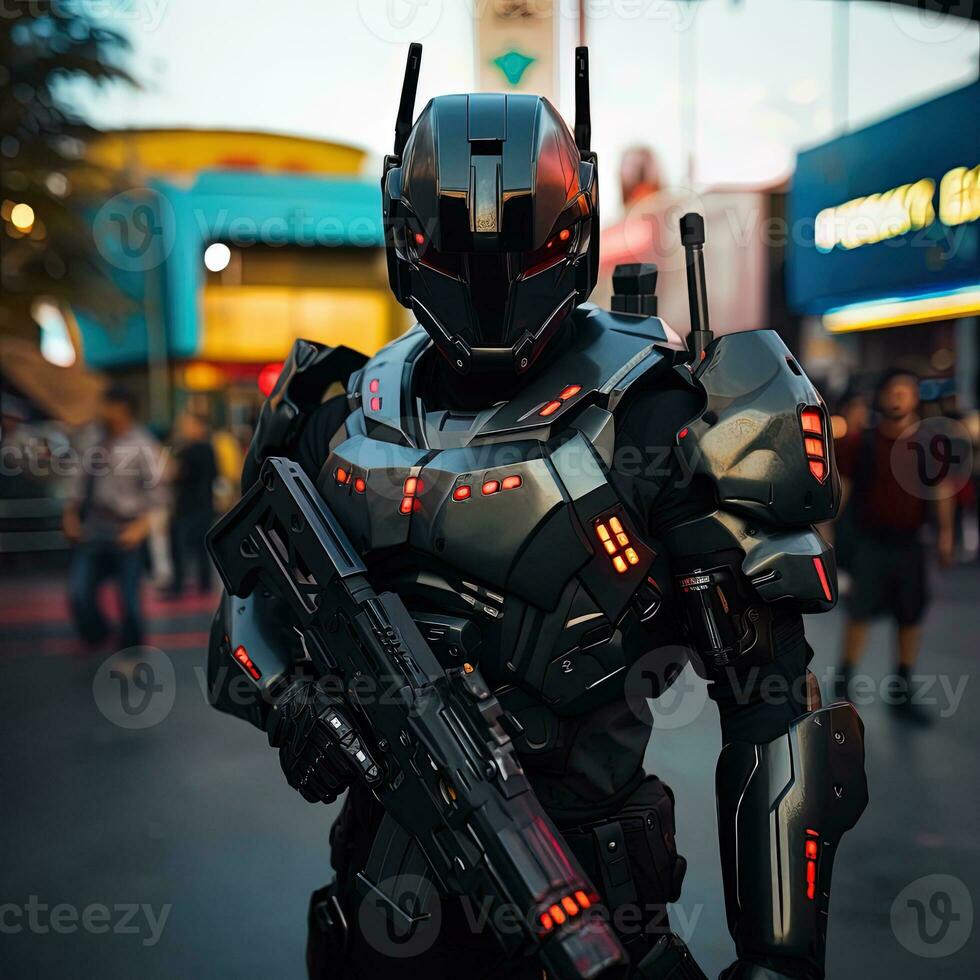 cyborg dentro futurista espaço terno. cyber Guerreiro com uma máquina arma de fogo em uma Sombrio background.ai generativo foto