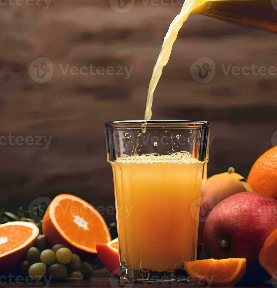 laranja suco ser derramado para dentro uma vidro com fresco fruta em de madeira fundo ai gerado foto