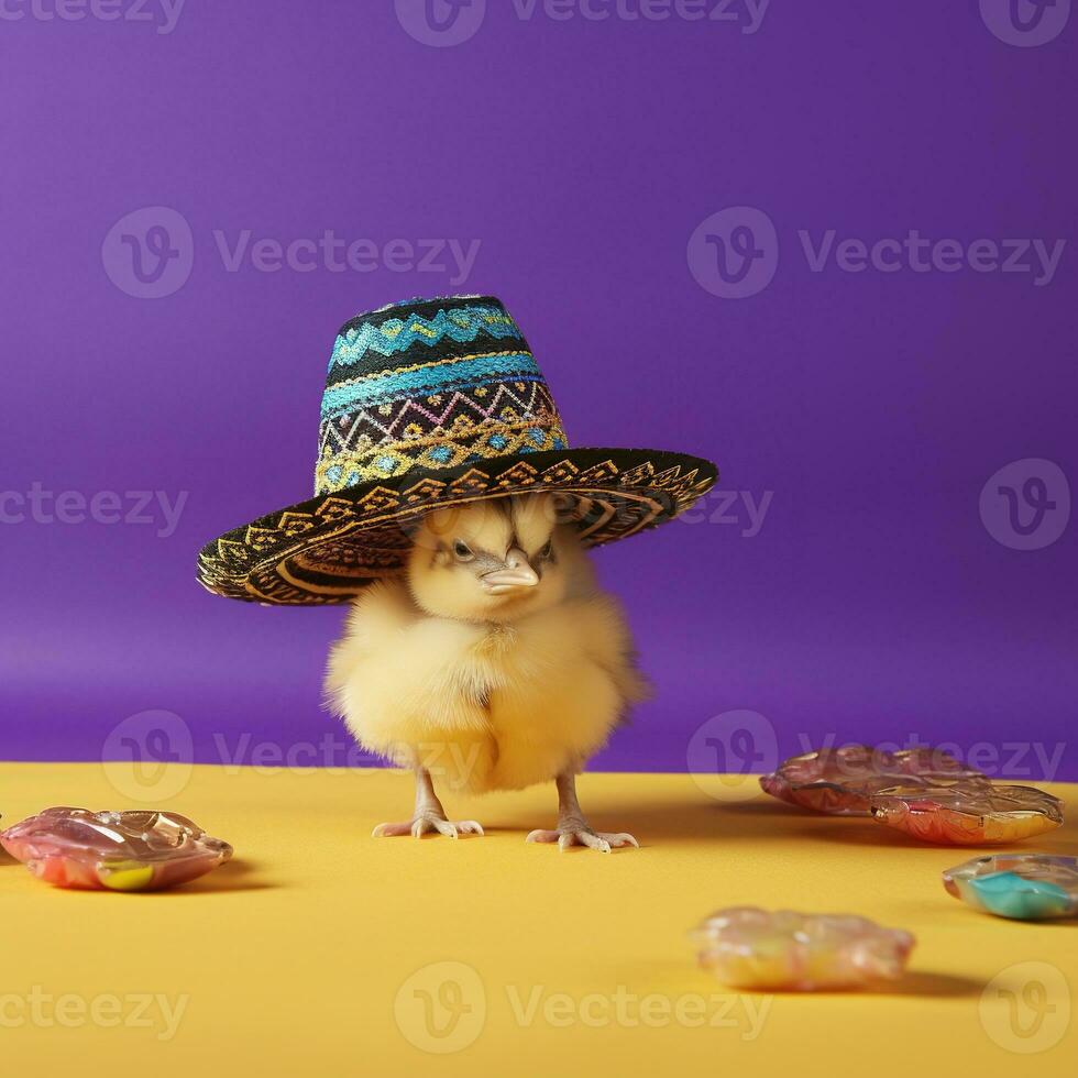 fofa pequeno frango vestindo uma chapéu em colori fundo com cópia de espaço. ai generativo foto