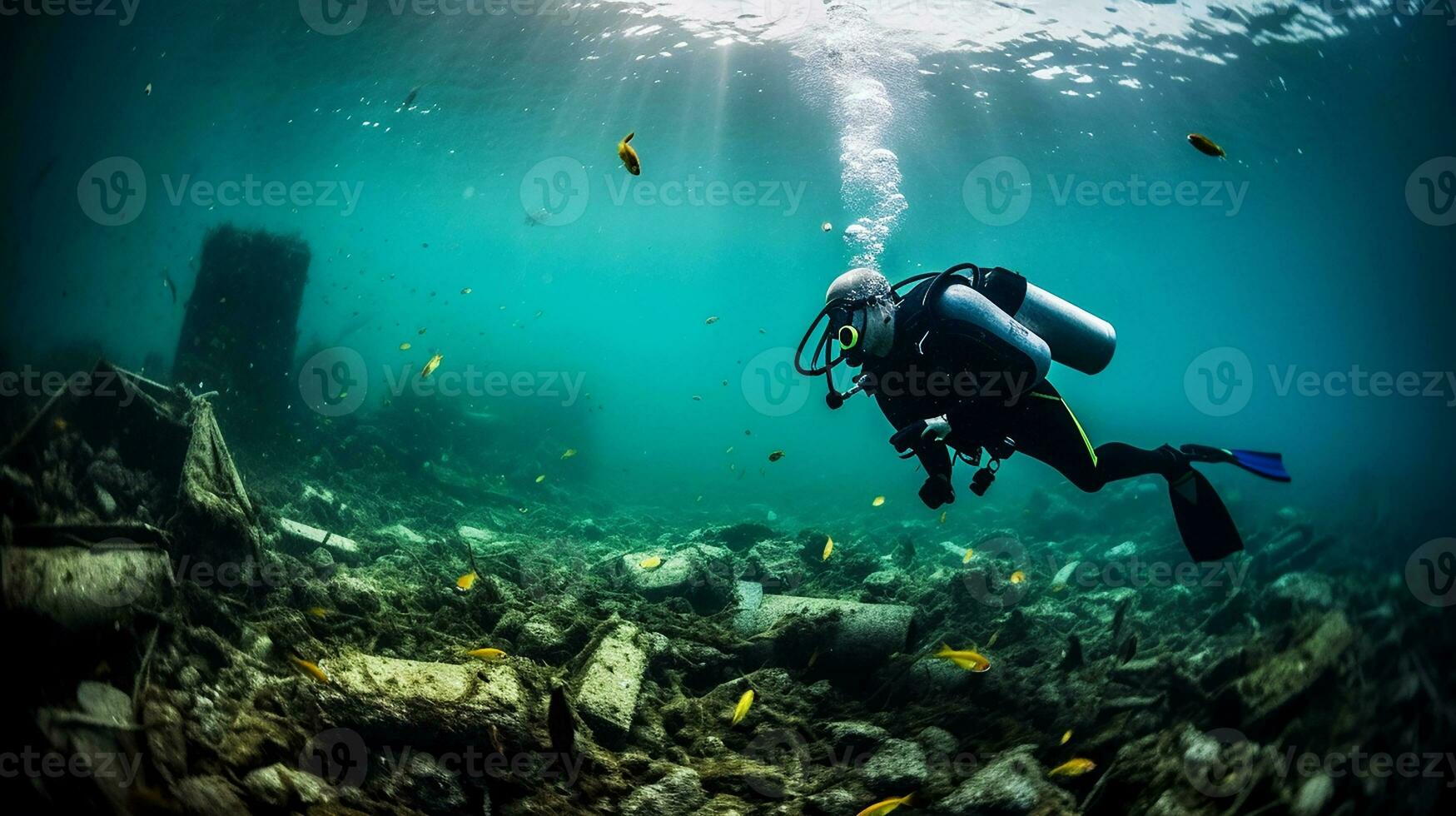 uma mergulhador limpa a oceano do plástico. mergulho mergulhador debaixo a mar. generativo ai foto