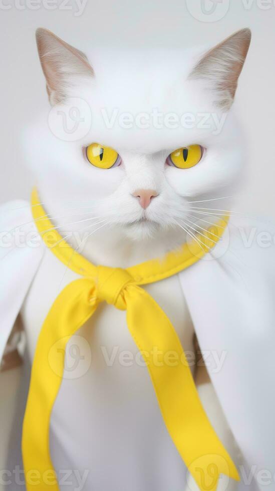 estúdio retrato do uma lindo branco gato vestindo uma amarelo cachecol em cinzento fundo. ai generativo foto