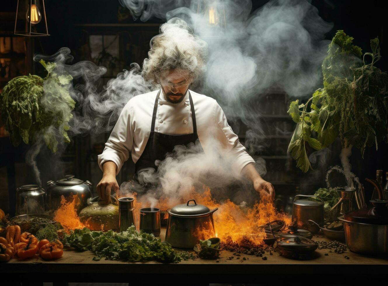 chefe de cozinha dentro chapéu e óculos preparando Comida grelhado dentro uma panela foto