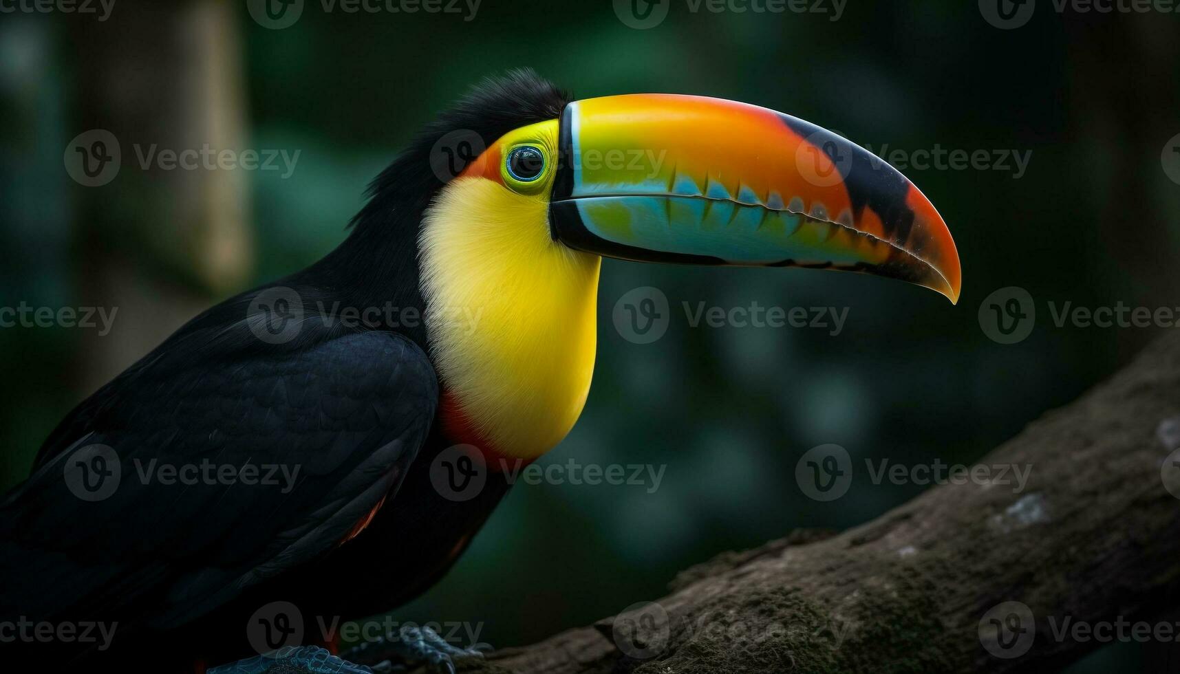 vibrante tucano empoleirado em filial, exibindo natureza colorida beleza gerado de ai foto
