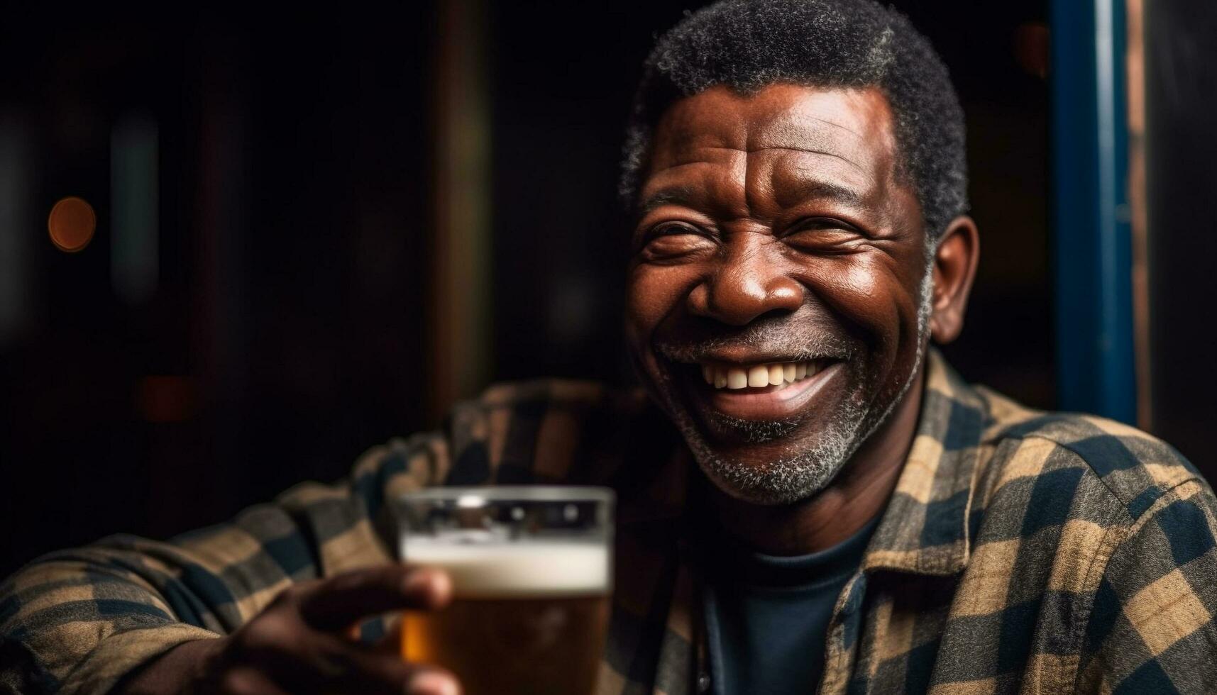 uma alegre jovem homem desfrutando uma refrescante beber às uma Barra gerado de ai foto