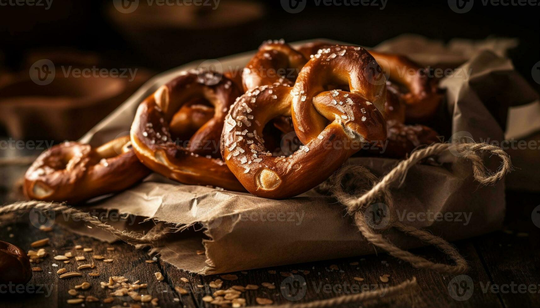 rústico pão, fresco pretzel, crocante lanche, gourmet refeição, cozido carne de porco gerado de ai foto