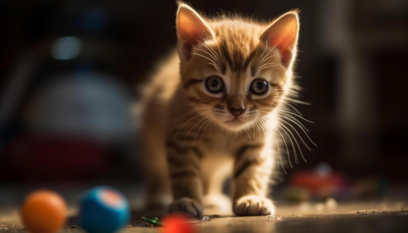 fofa gatinho jogando com brinquedo, encarando com encantador azul olhos gerado de ai foto