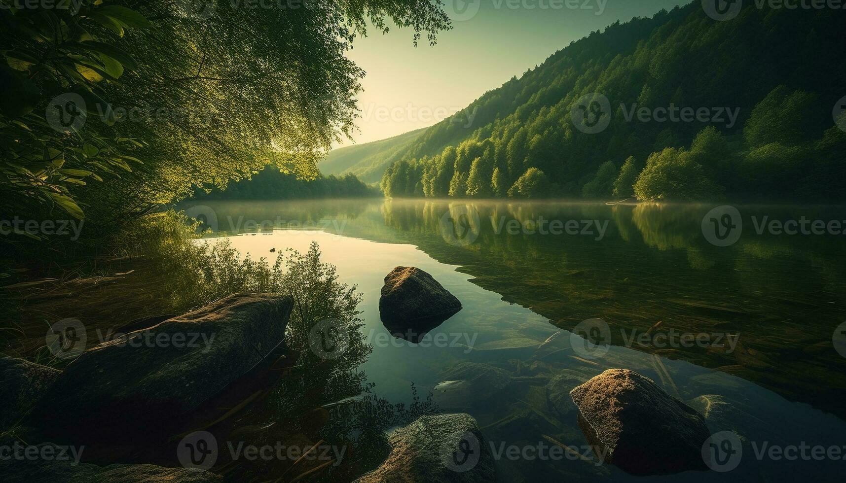 tranquilo cena natureza beleza refletido dentro a pacífico fluindo água gerado de ai foto