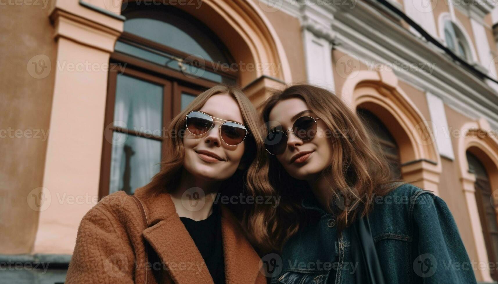 dois jovem mulheres, sorridente, ao ar livre, vestindo oculos de sol, exalando felicidade e amizade gerado de ai foto