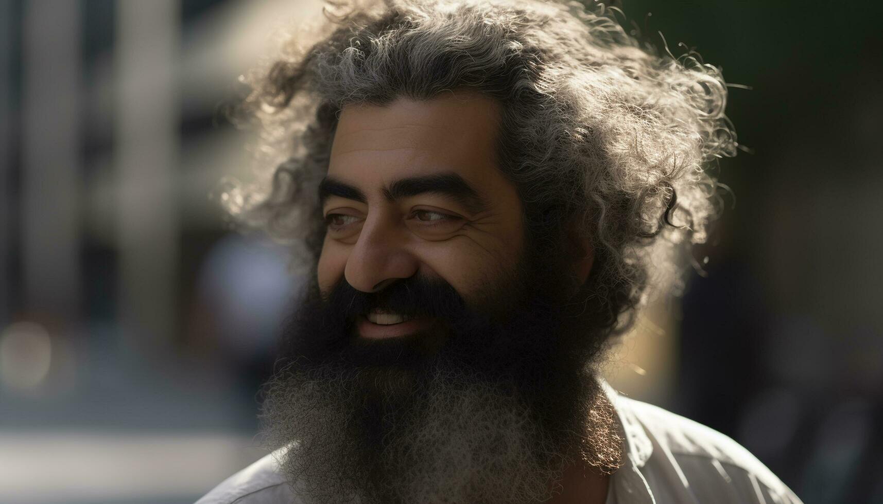 uma confiante, sorridente homem com uma barba e encaracolado cabelo gerado de ai foto