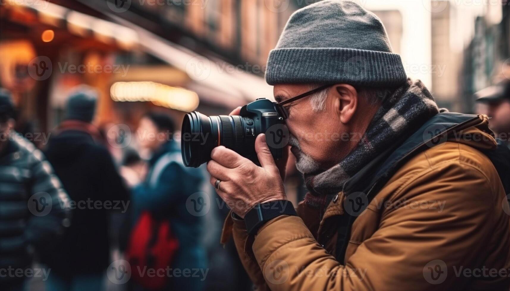 uma jovem homem, segurando uma Câmera, fotografias a cidade às noite gerado de ai foto