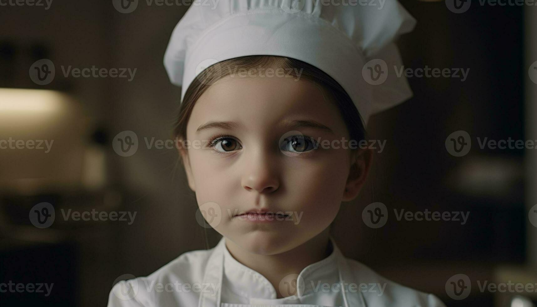 fofa caucasiano criança chefe de cozinha sorridente, cozinhando dentro cozinha com confiança gerado de ai foto