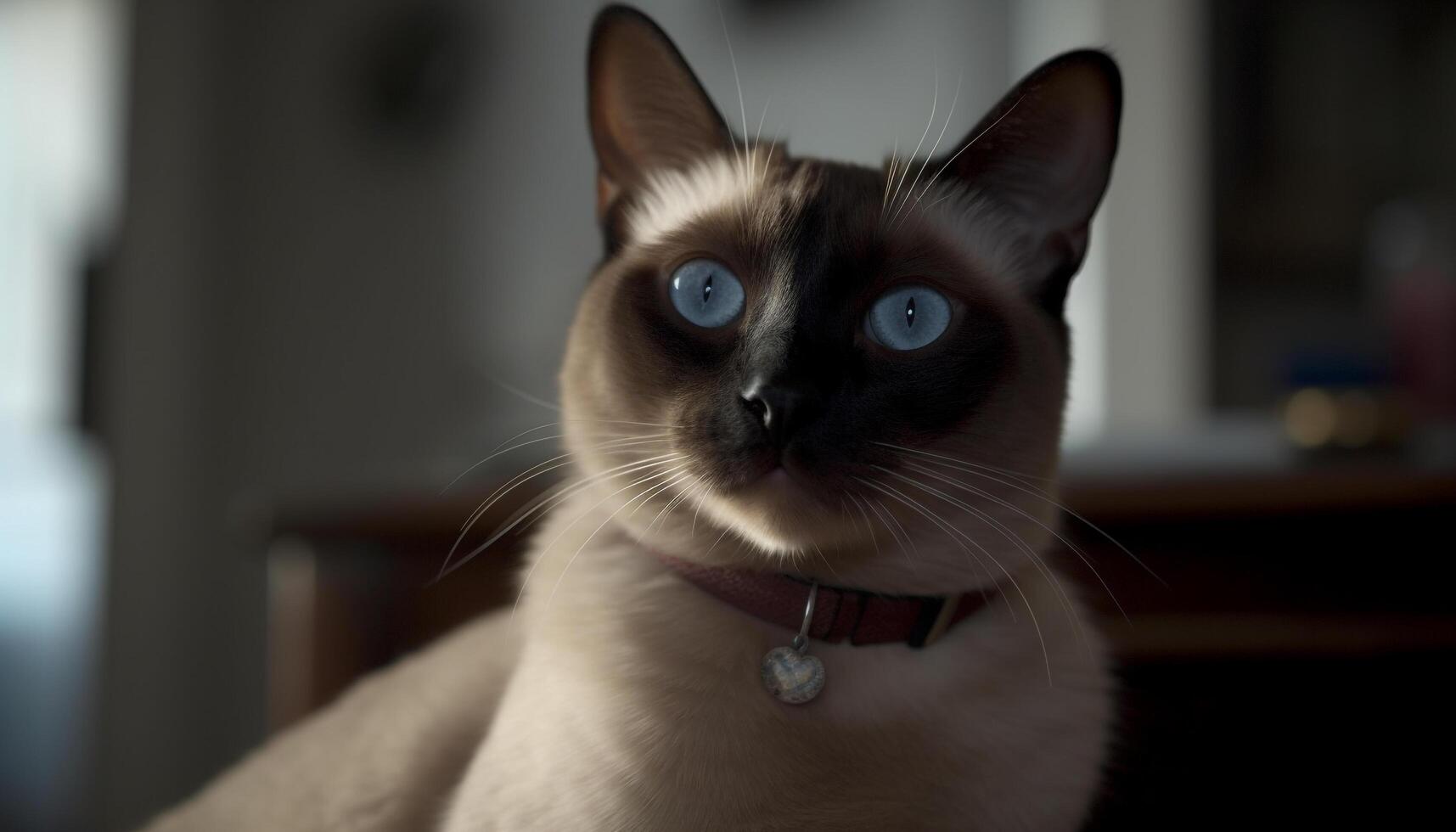 fofa gatinho sentado, olhando às Câmera, azul olhos, brincalhão dentro de casa gerado de ai foto