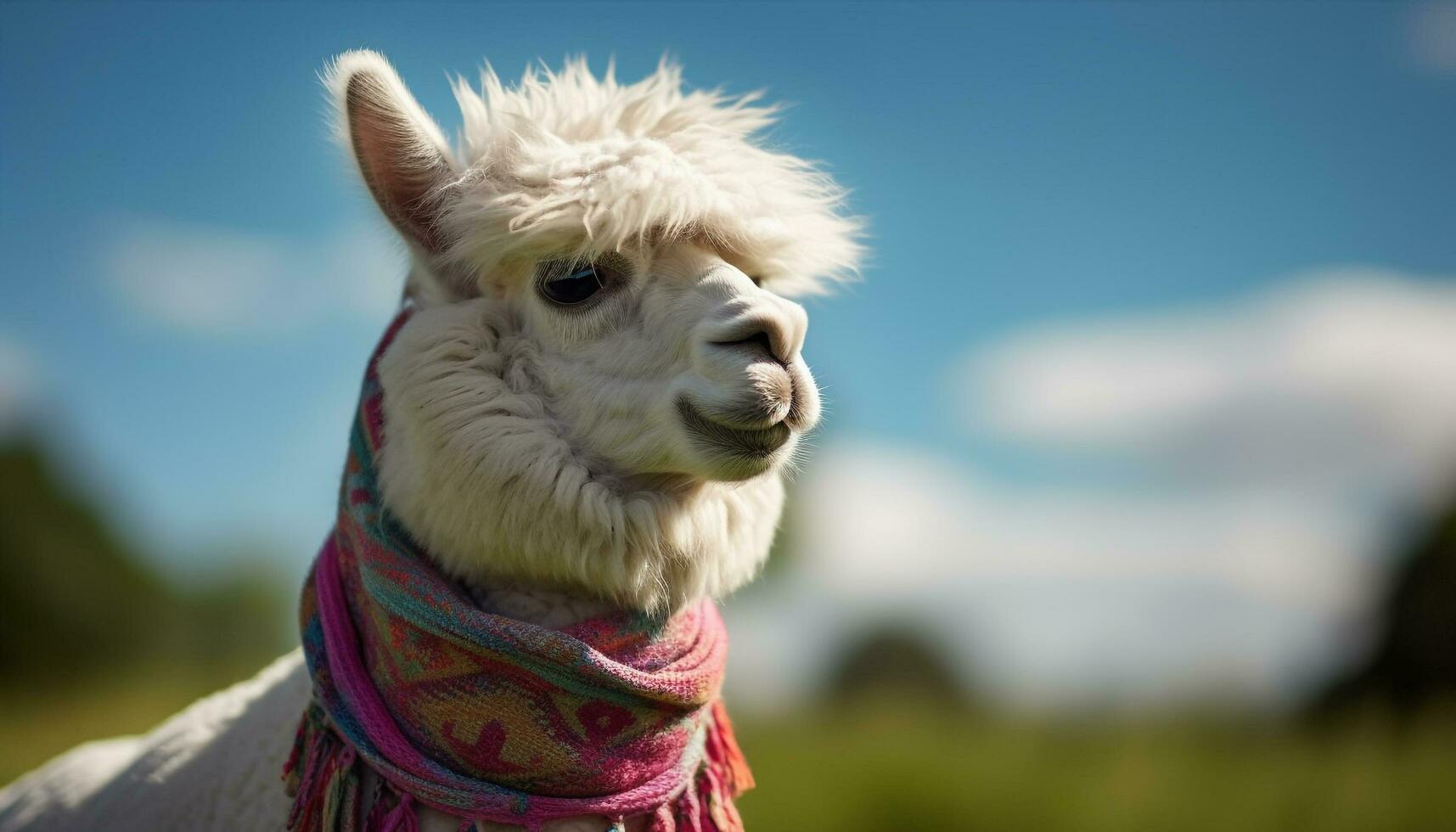 fofa alpaca em uma fazenda, olhando às Câmera, cercado de natureza gerado de ai foto