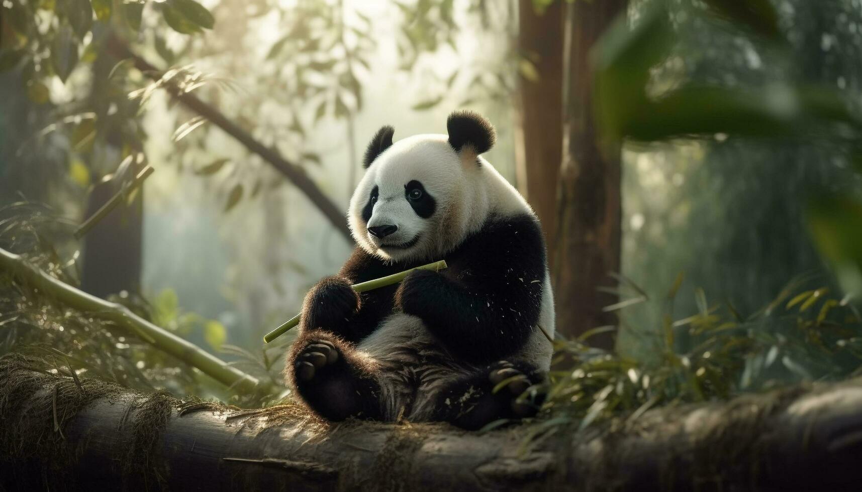 fofa panda sentado dentro bambu floresta, comendo, olhando às Câmera gerado de ai foto