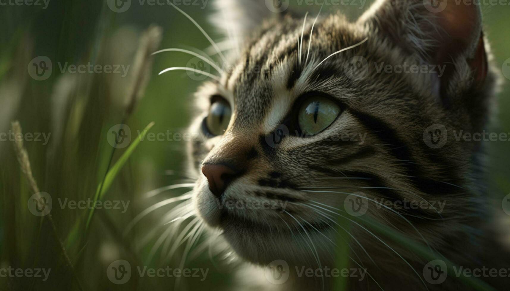 fofa gatinho sentado dentro grama, encarando com curioso verde olhos gerado de ai foto