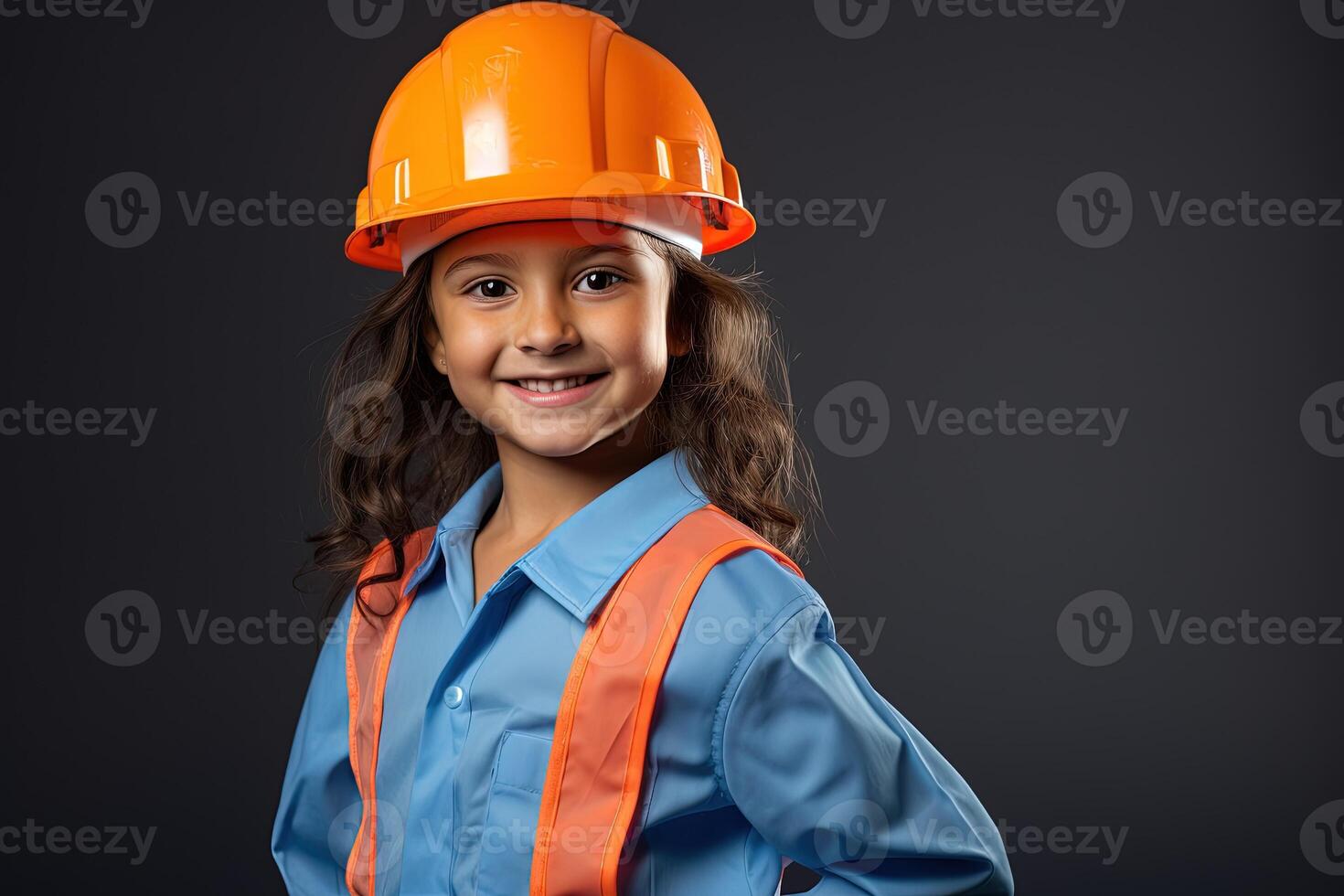 retrato do uma sorridente pequeno menina dentro uma construção capacete ai gerado foto