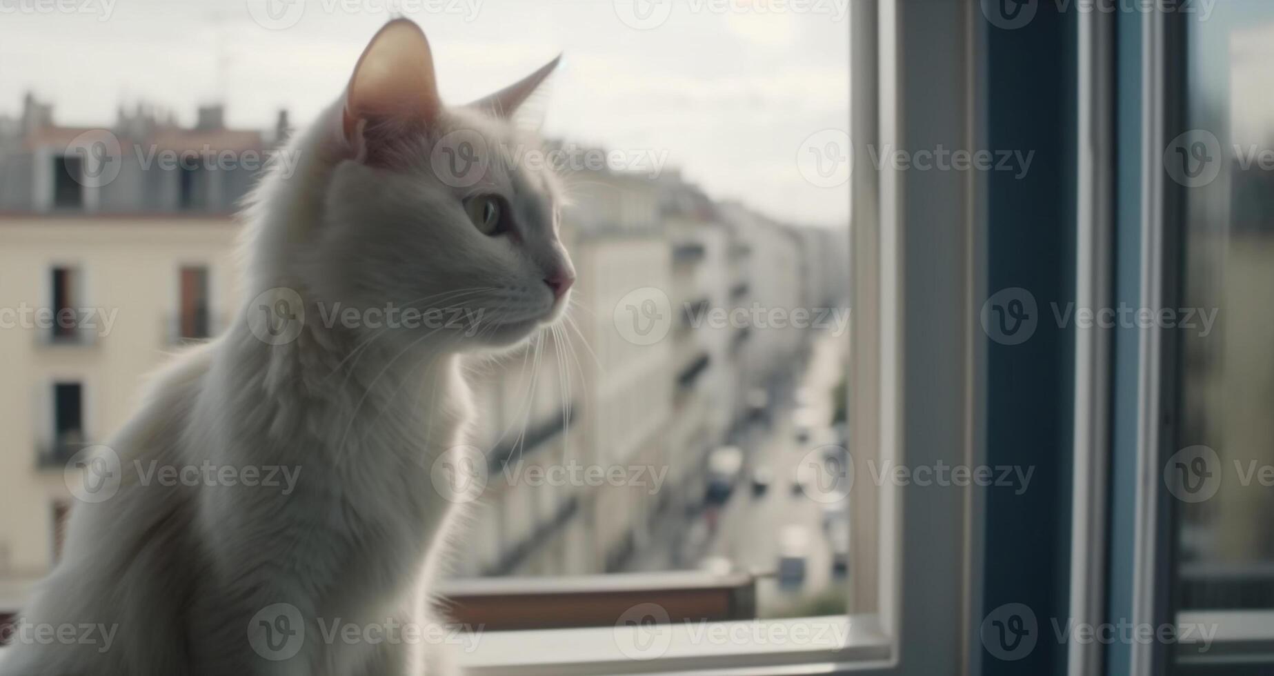 fofa gatinho sentado em janela peitoril, encarando através a janela gerado de ai foto