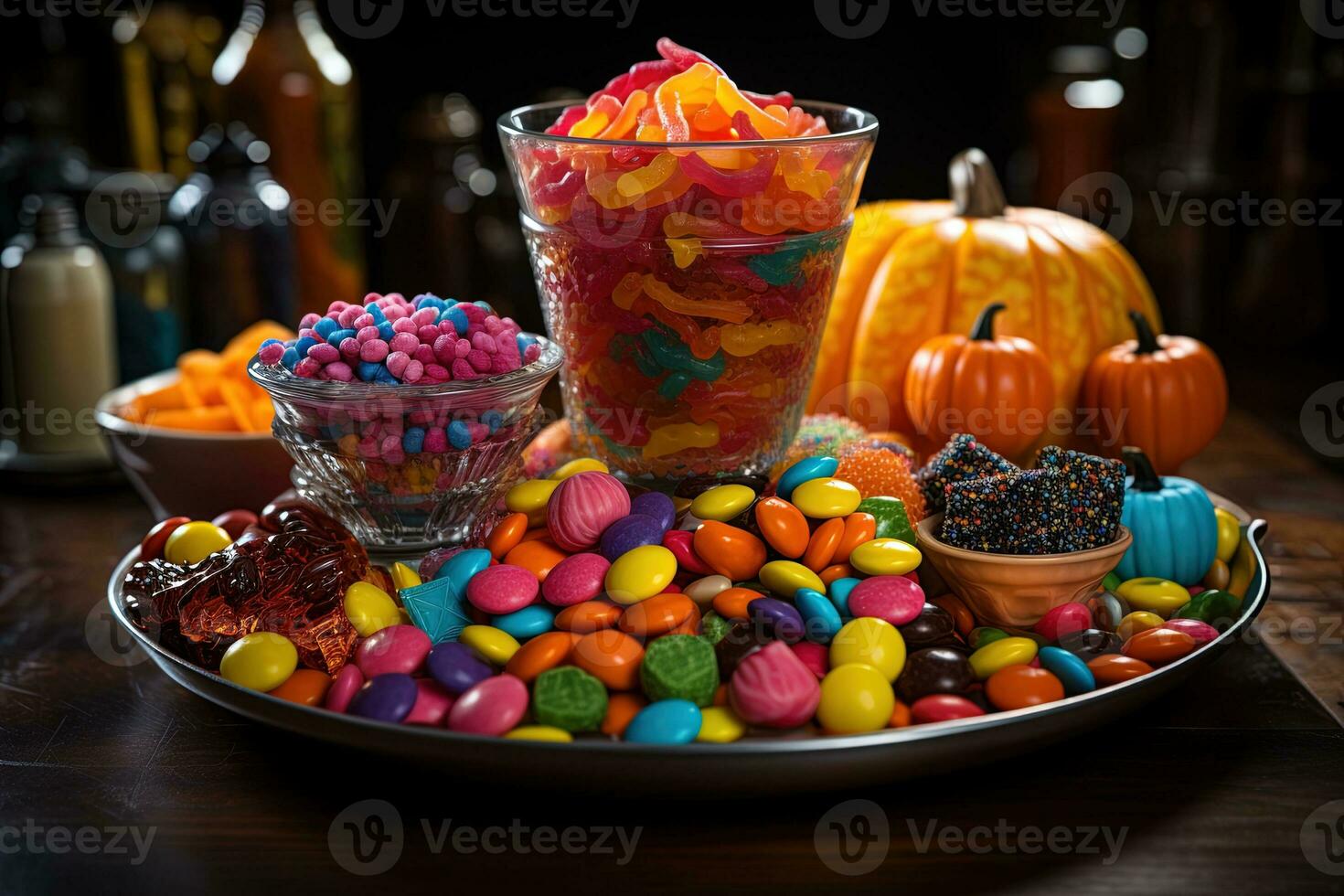 ai gerado. dia das Bruxas doces e doces em Sombrio fundo foto