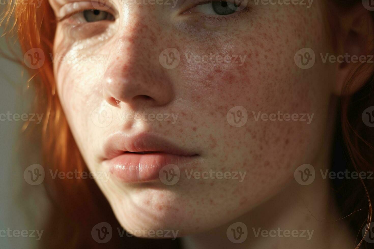 uma fechar acima do uma mulher com sardas, rosácea couperose vermelhidão pele ai gerado foto