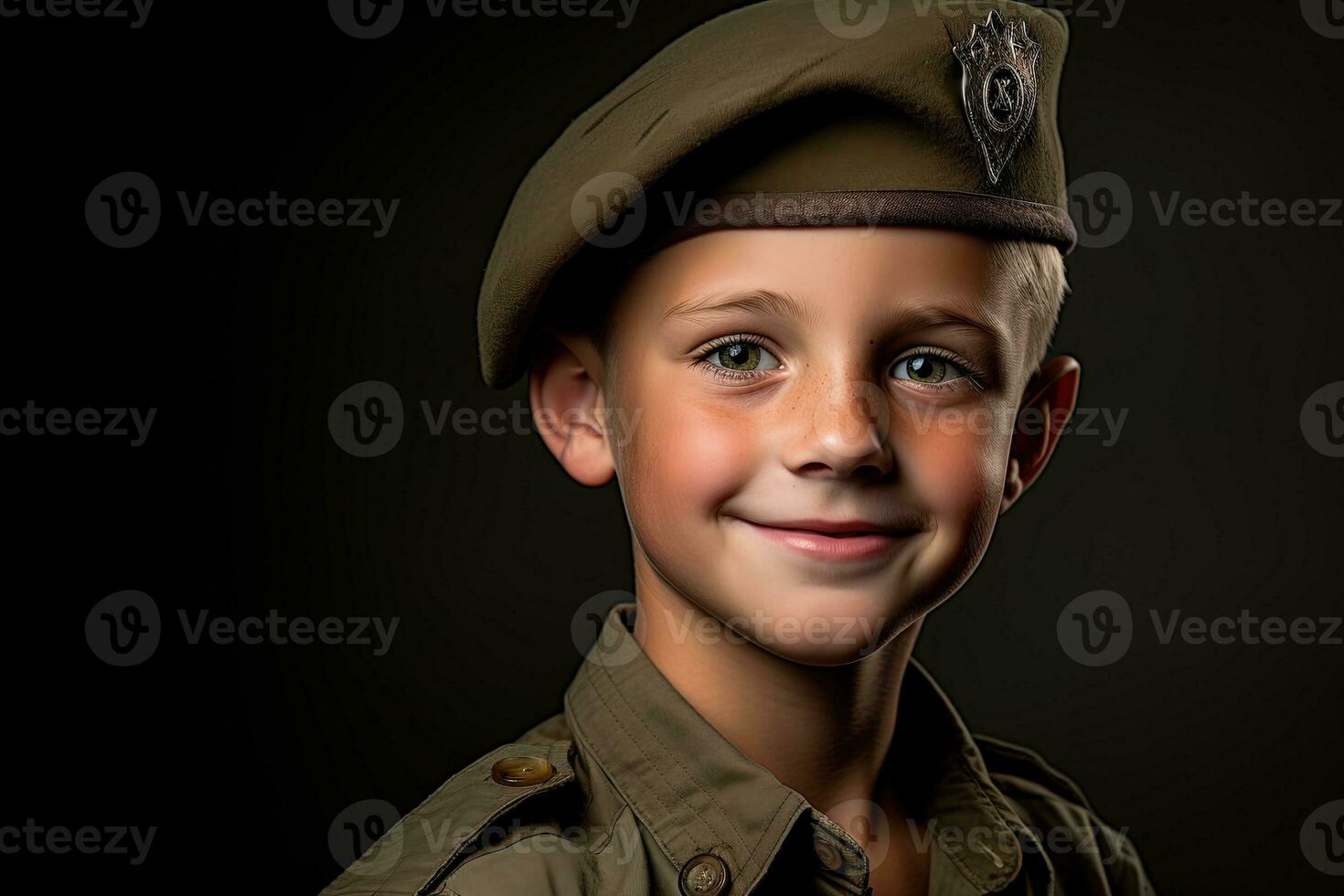 retrato do uma fofa pequeno Garoto dentro militares uniforme em Sombrio fundo ai gerado foto