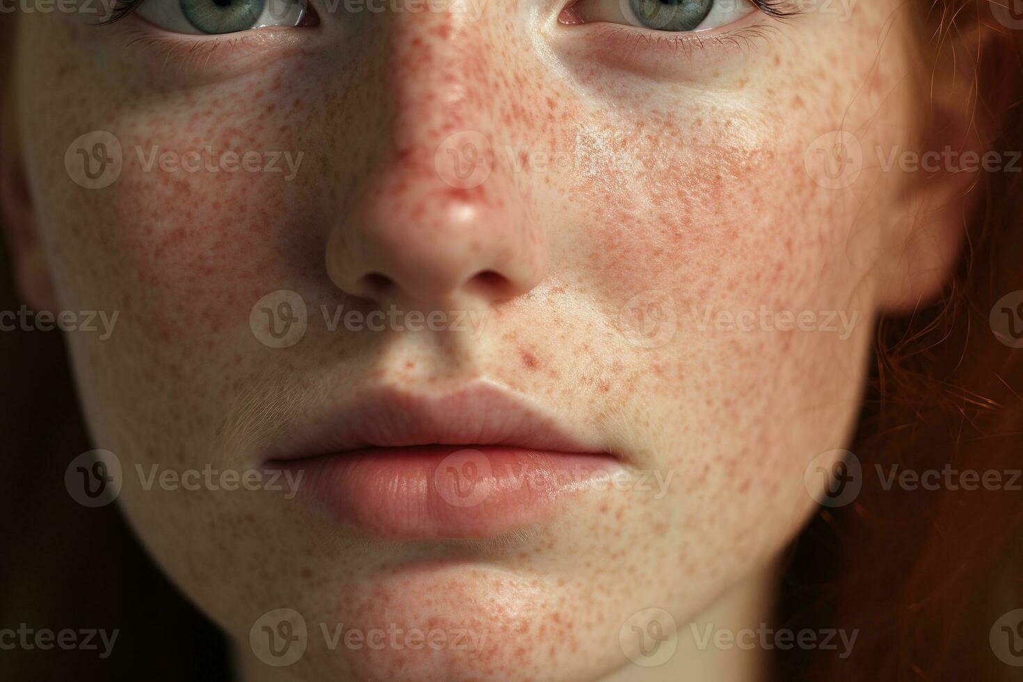 uma fechar acima do uma mulher com sardas, rosácea couperose vermelhidão pele ai gerado foto