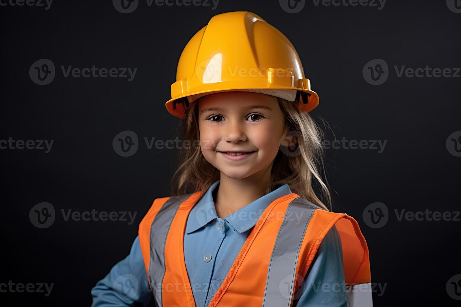 retrato do uma sorridente pequeno menina dentro uma construção capacete ai gerado foto