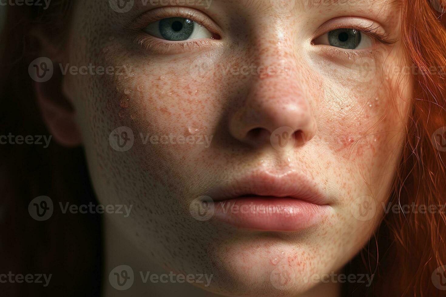 uma fechar acima do uma mulher com sardas, rosácea couperose vermelhidão pele ai gerado foto