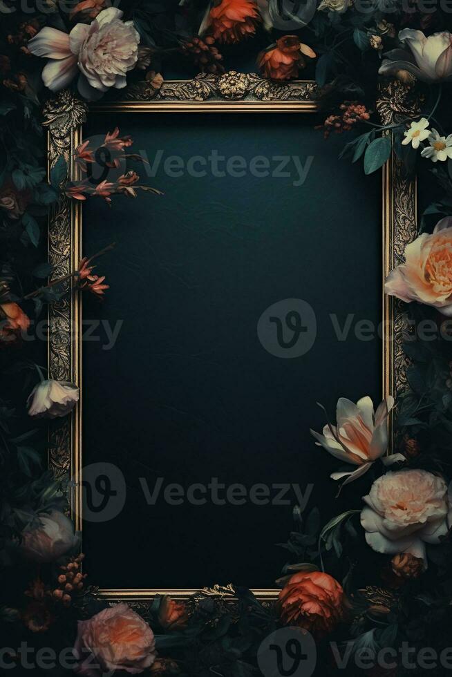 a velho pintura do flores em uma Preto fundo ai gerado foto