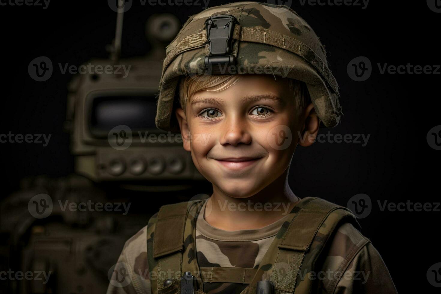 retrato do uma fofa pequeno Garoto dentro militares uniforme em Sombrio fundo ai gerado foto