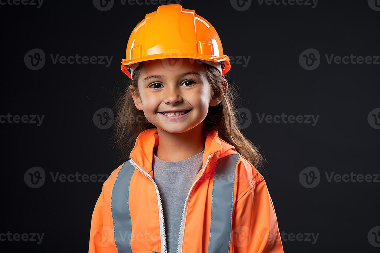 retrato do uma sorridente pequeno menina dentro uma construção capacete ai gerado foto