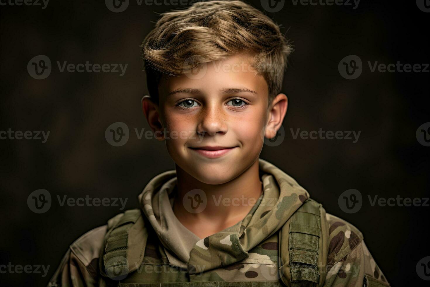 retrato do uma fofa pequeno Garoto dentro militares uniforme em Sombrio fundo ai gerado foto