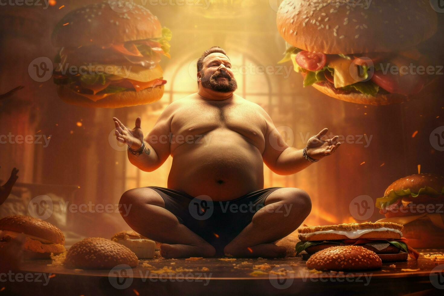 gordo homem come hambúrguer. gerar ai foto