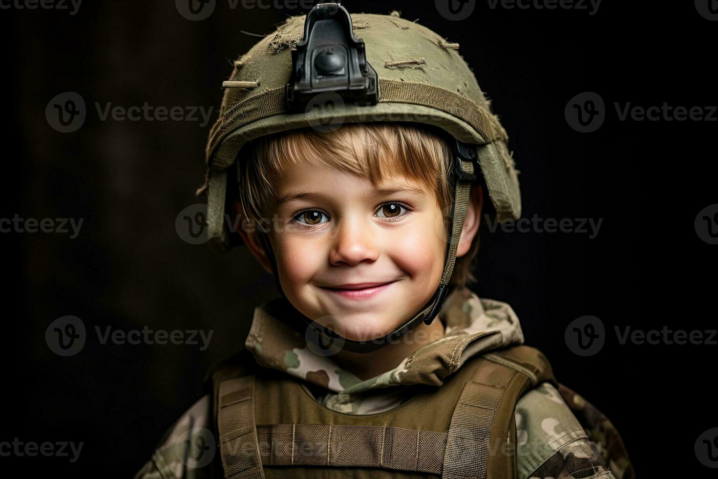 retrato do uma fofa pequeno Garoto dentro militares uniforme em Sombrio fundo ai gerado foto