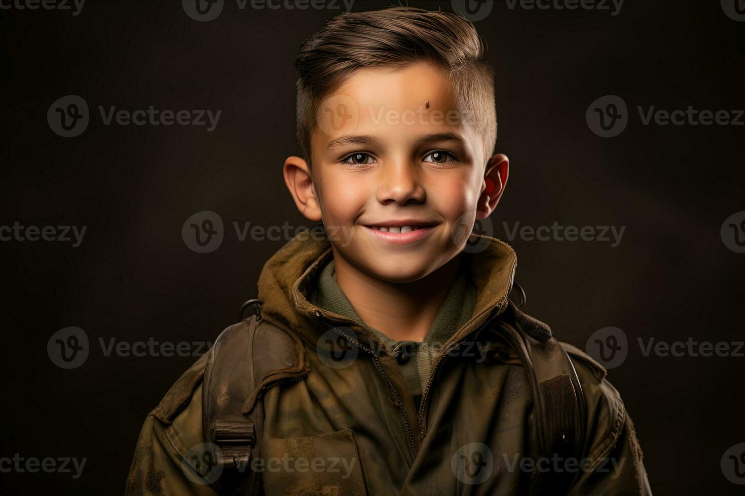 retrato do uma fofa pequeno Garoto dentro militares uniforme em Sombrio fundo ai gerado foto