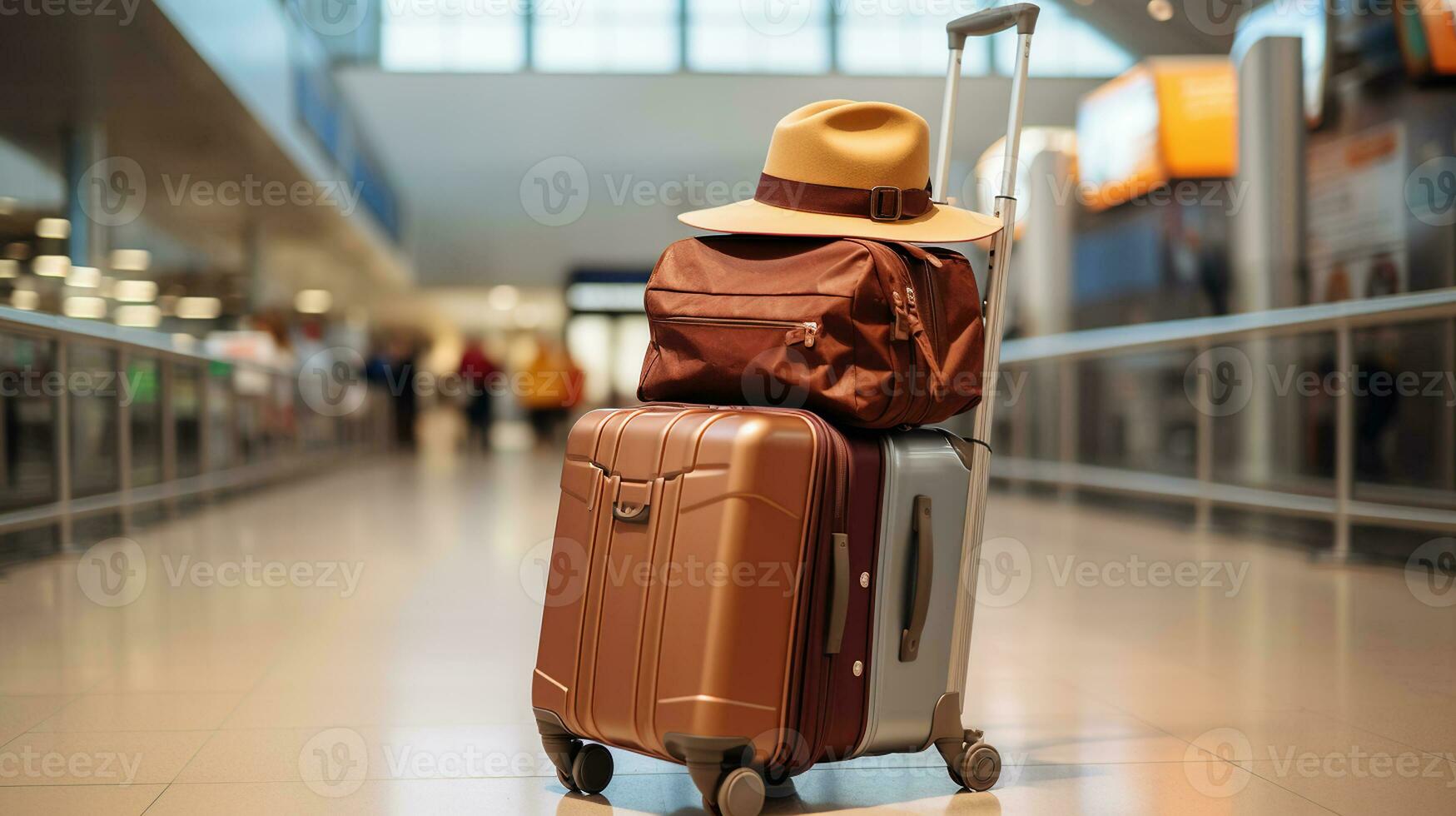 Viajantes carrinho com malas e chapéu dentro aeroporto terminal foto