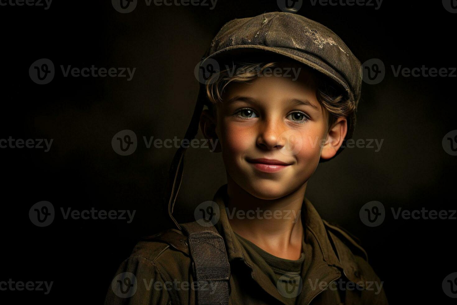 retrato do uma fofa pequeno Garoto dentro militares uniforme em Sombrio fundo ai gerado foto