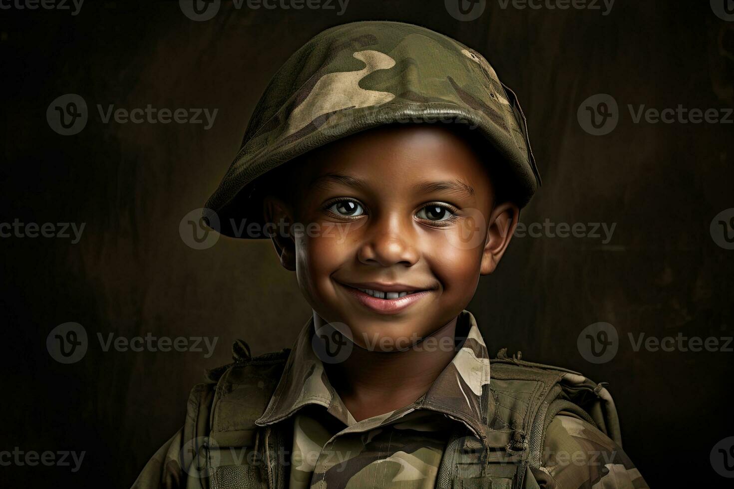 retrato do uma fofa pequeno Garoto dentro militares uniforme em Sombrio fundo ai gerado foto