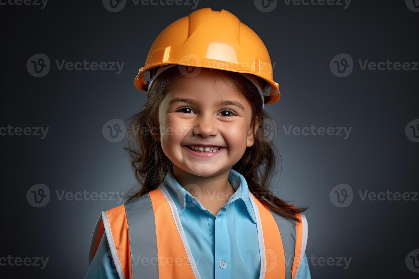 retrato do uma sorridente pequeno menina dentro uma construção capacete ai gerado foto