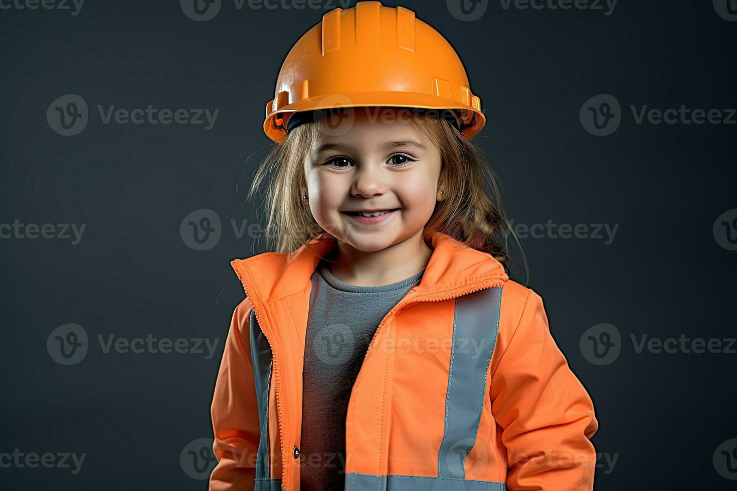 retrato do uma sorridente pequeno menina dentro uma construção capacete ai gerado foto