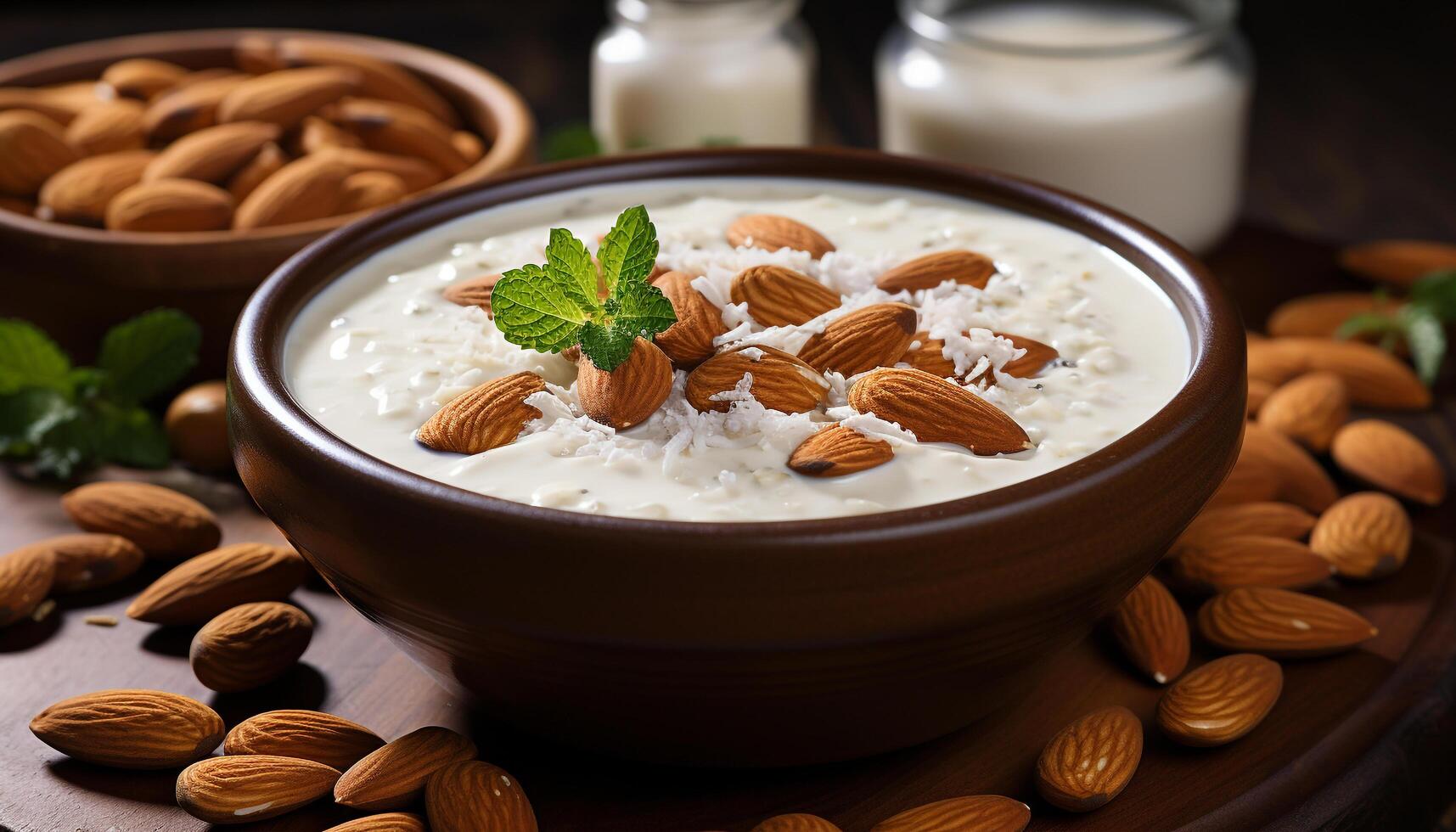 fresco amêndoa leite iogurte tigela com orgânico granola e fruta gerado de ai foto