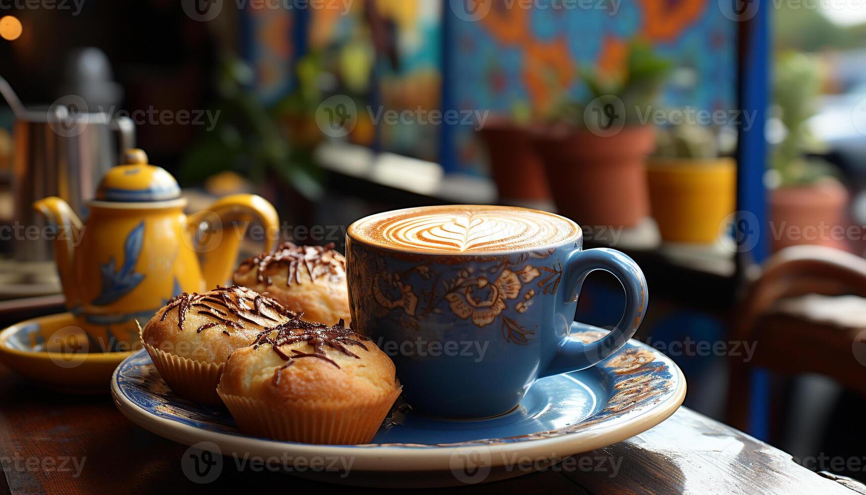 café copo em mesa, fechar acima do sobremesa, refrescante gourmet beber gerado de ai foto