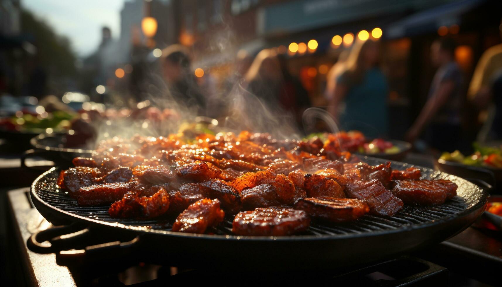 grelhado carne, fogo, fumaça, fechar acima, piquenique, festa, celebração, cozinhou gerado de ai foto