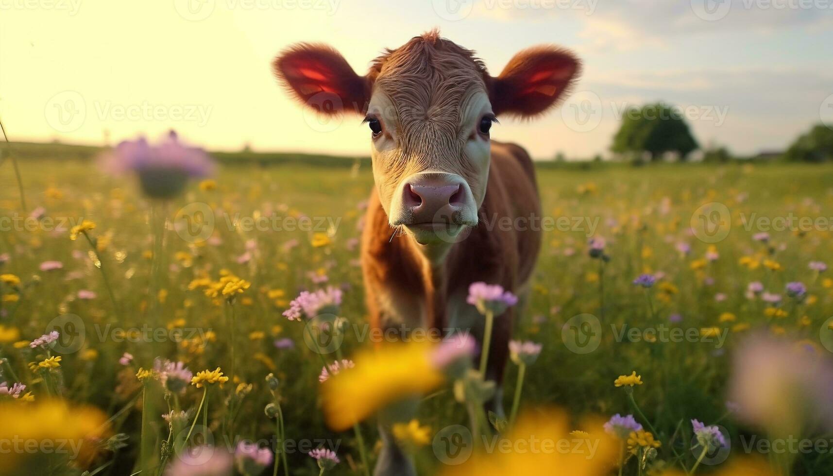 fofa vaca pastar em verde Prado, cercado de lindo flores gerado de ai foto