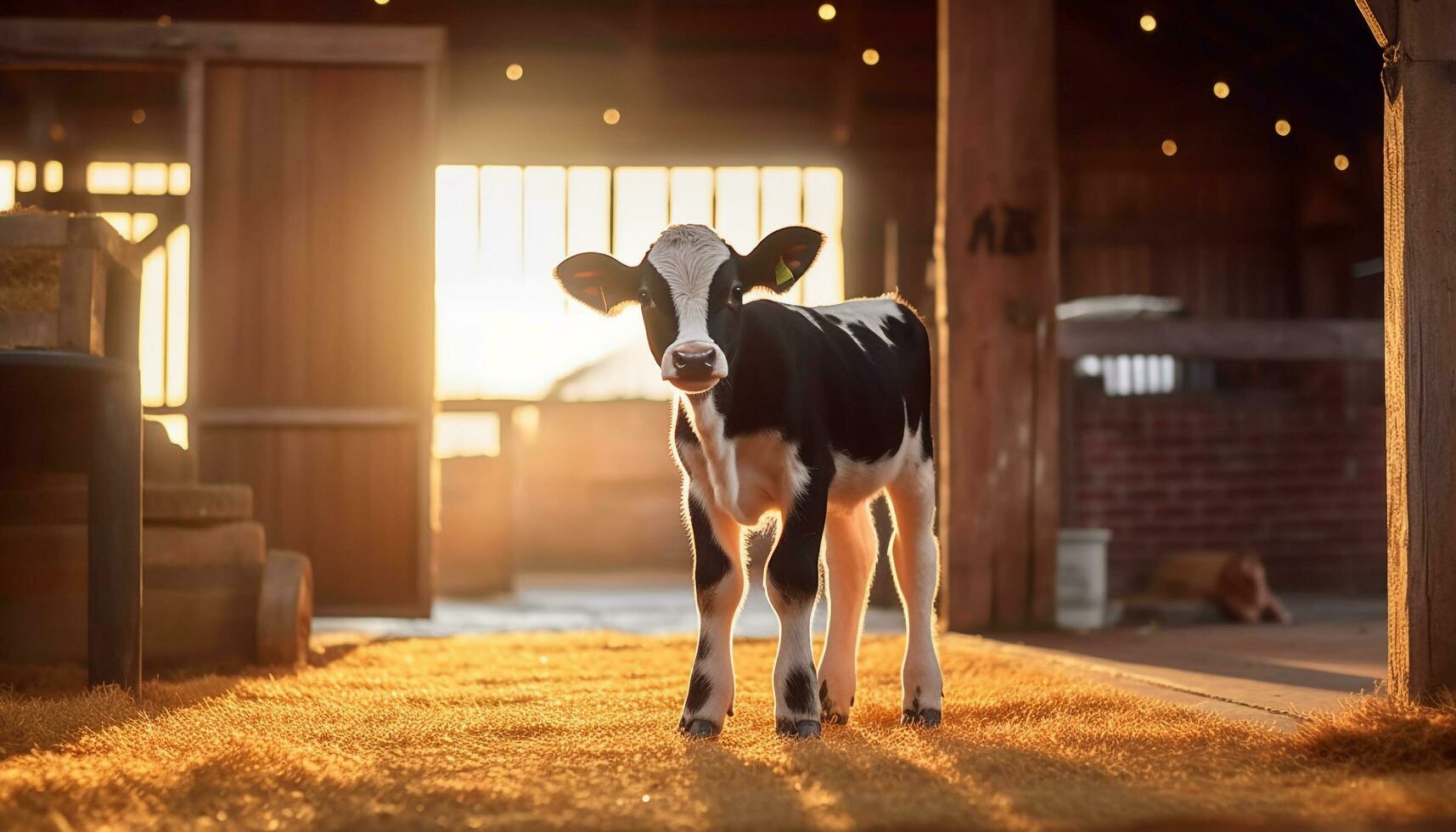 vaca pastar dentro uma Prado, olhando às Câmera durante pôr do sol gerado de ai foto