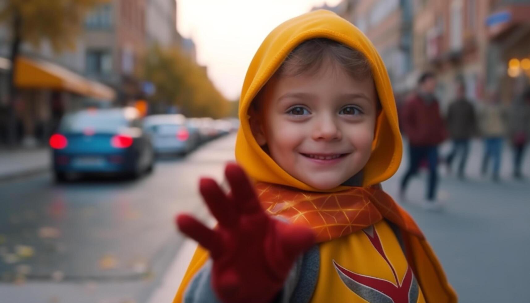 uma fofa criança sorridente ao ar livre, trazendo felicidade e alegre alegria gerado de ai foto