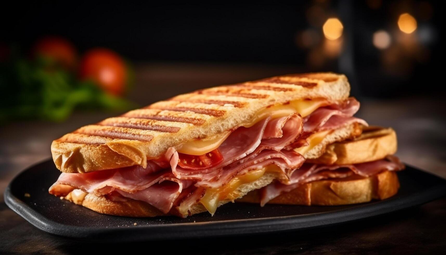 grelhado carne de porco sanduíche em torrado pão, uma gourmet almoço deleite gerado de ai foto