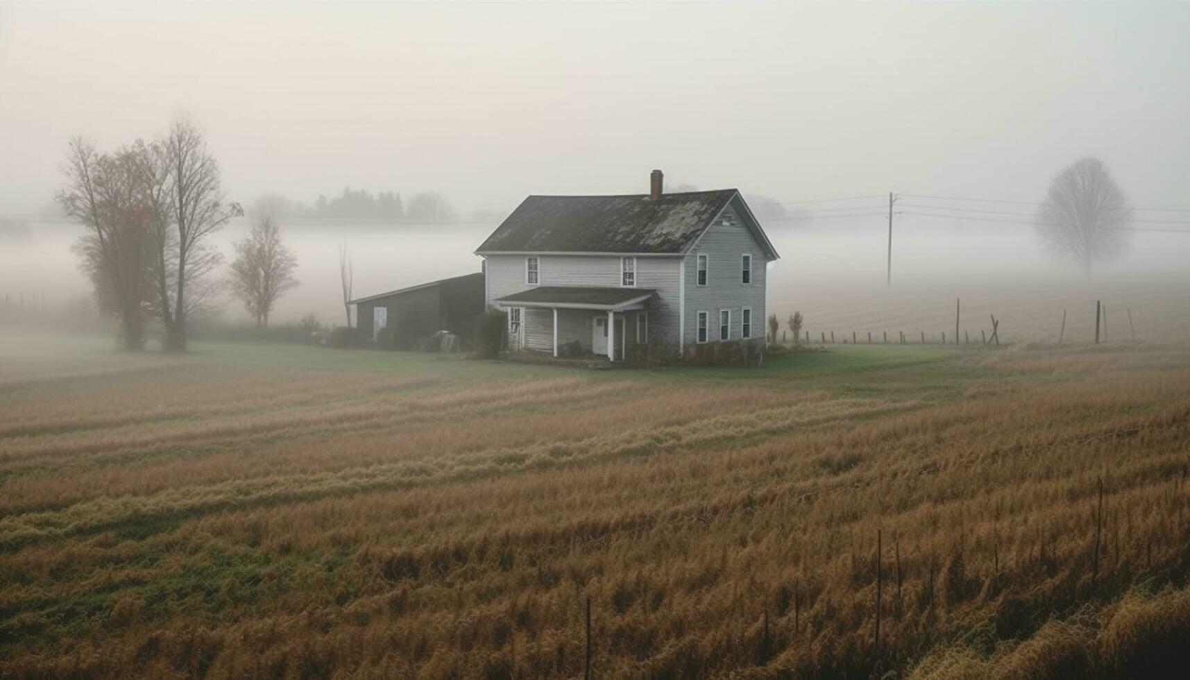 rural fazenda, nebuloso paisagem, velho casa de fazenda, tranquilo Prado, abandonado chalé gerado de ai foto