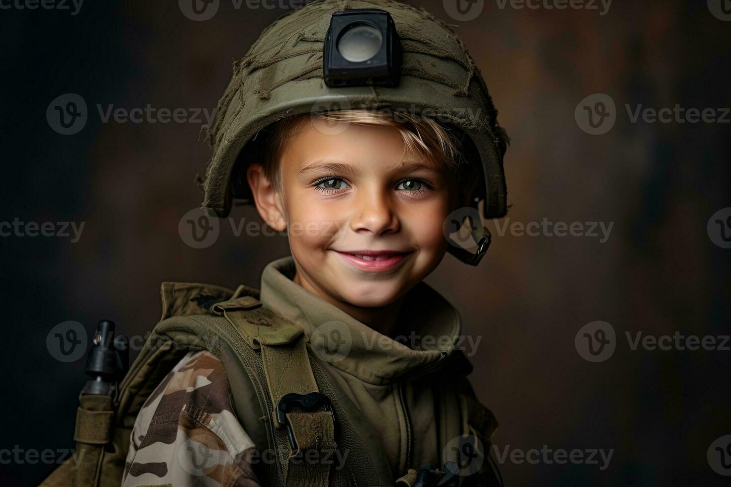 retrato do uma fofa pequeno Garoto dentro militares uniforme em Sombrio fundo ai gerado foto