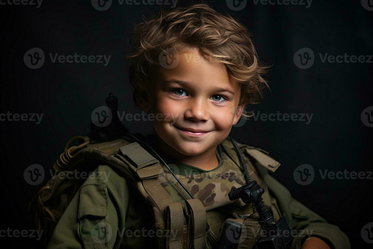 retrato do uma fofa pequeno Garoto dentro militares uniforme em Sombrio fundo ai gerado foto